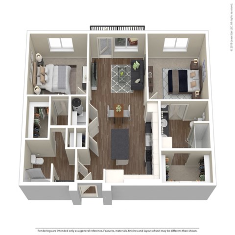 A 3D floor plan of a house with a kitchen, living room, and two bedrooms.